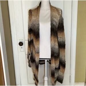 Black, Cream, Gray Open Front Neutral Striped Knit Crochet Cardigan Sweater 1X